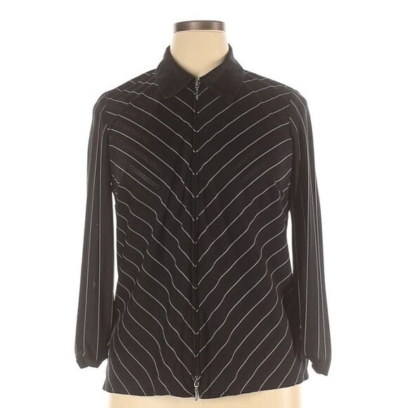 Lane Bryant Collared Zip-Up Chevron Long Sleeve Layering Blouse Black 14/16 EUC - Picture 1 of 15